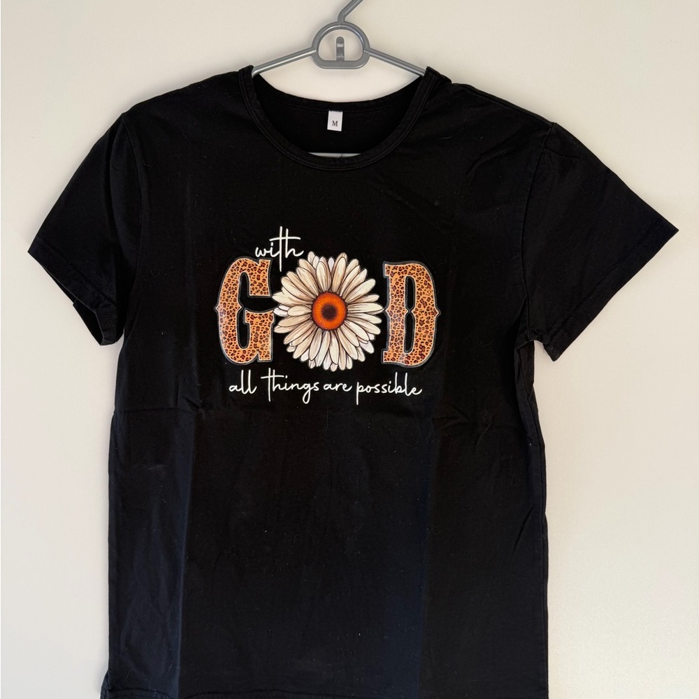 Women's Black 'With God all things are possible” Daisy Graphic Short Sleeve Tee